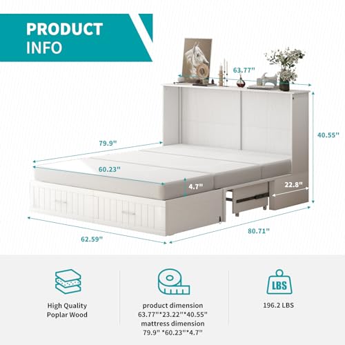 Stone Grey Queen Murphy Bed with Mattress and 2 Drawers W9516