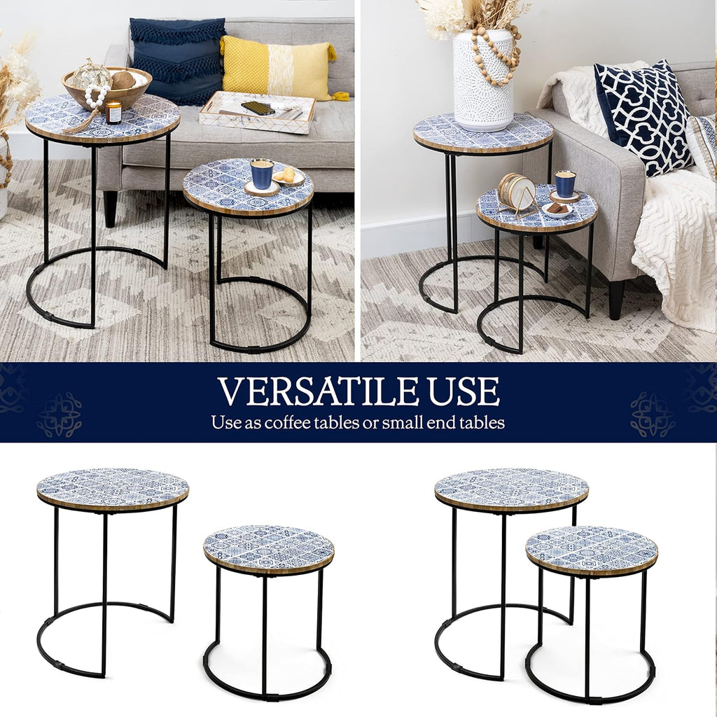 Set of 2 Blue and White Wooden Top Metal Frame Side Tables N9092