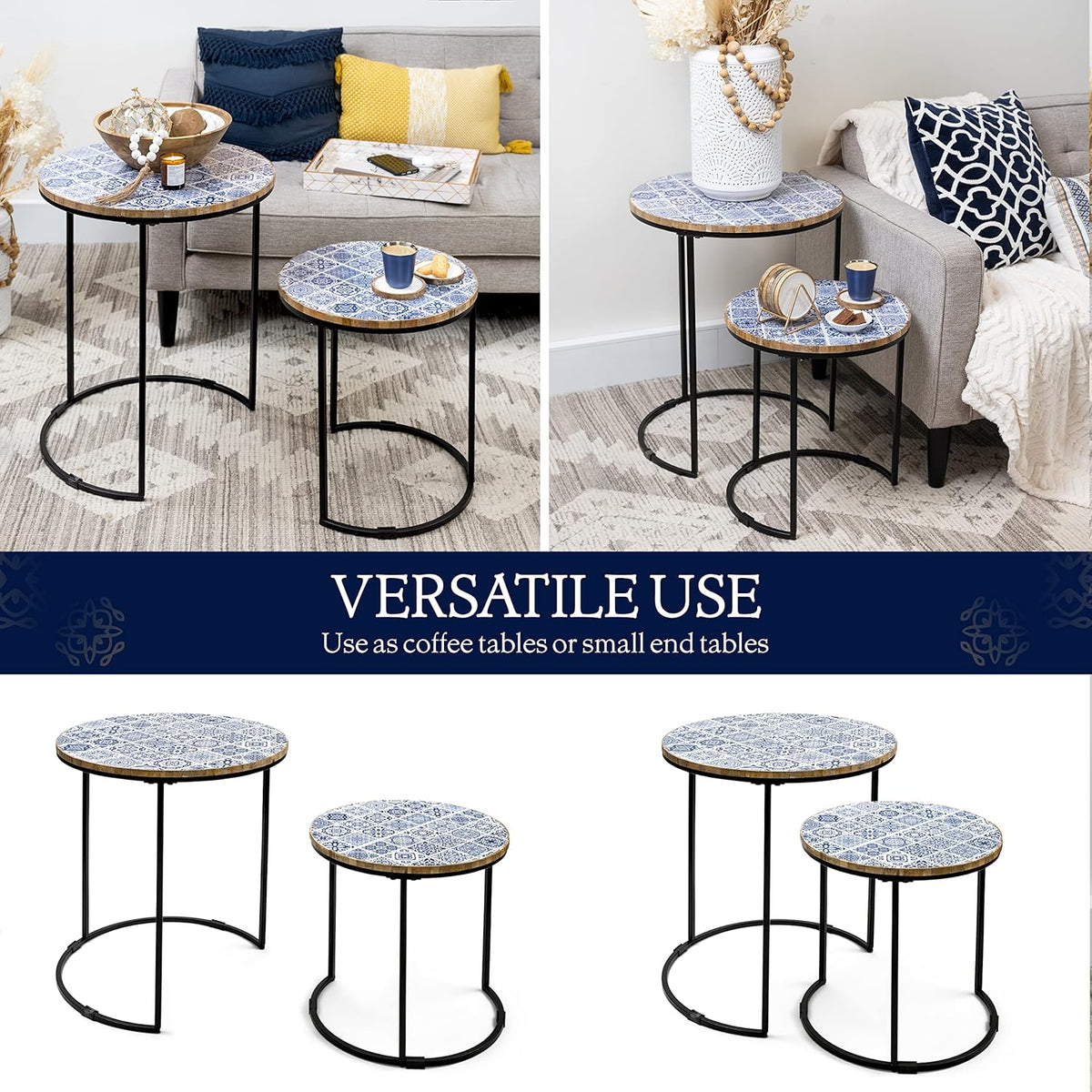 Set of 2 Blue and White Wooden Top Metal Frame Side Tables N9092