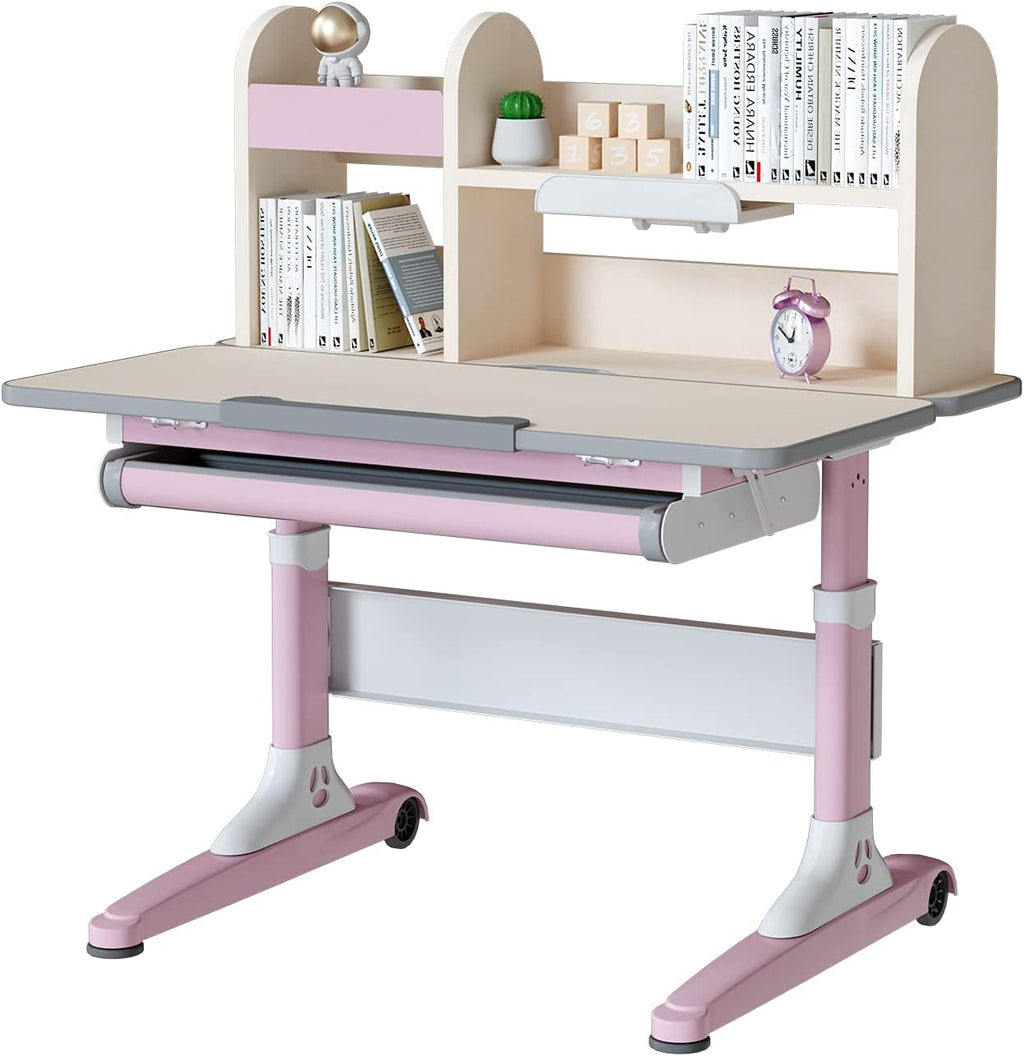 Pink Height Adjustable Kids Study Desk and Chair Set with Drawer and Bookshelf C224416