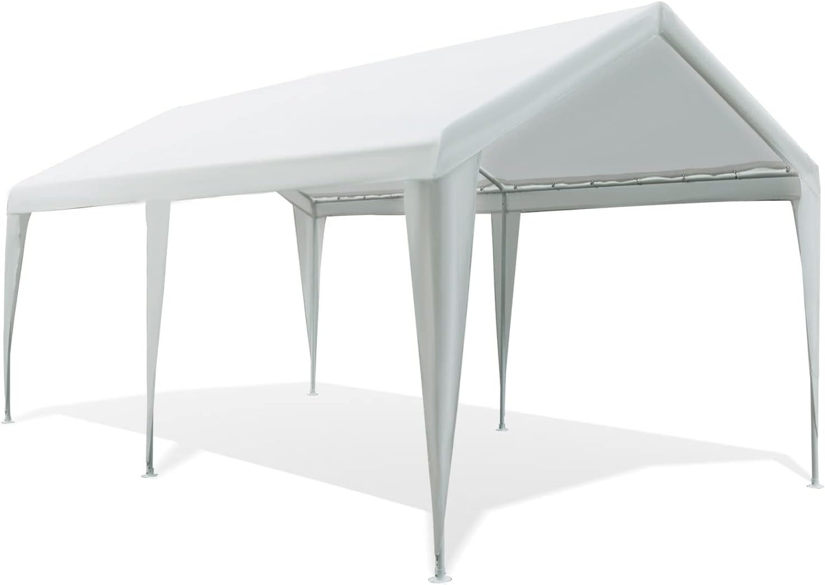 10X20ft Heavy Duty Car Canopy with Powder-Coated Steel Frame, 6 Legs, White Z752609