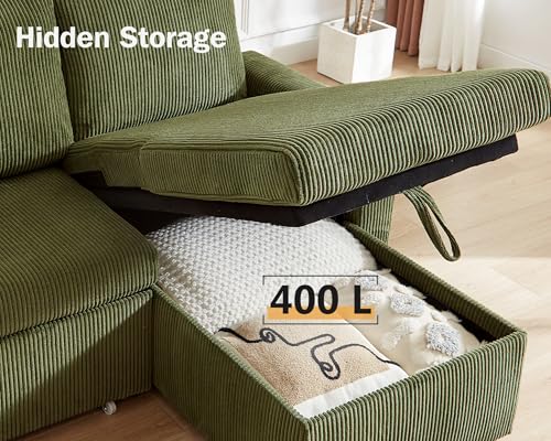 Corduroy Green L Shaped Sleeper Sofa with Pull Out Bed L836400