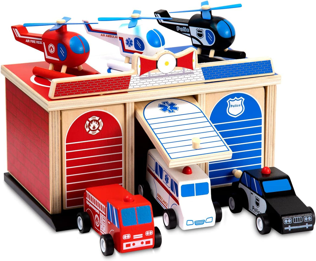2-Level 3-Bay Parking Garage Toy Set with Fire Truck, Ambulance, Police Car, and 3 Rescue Helicopters P44319