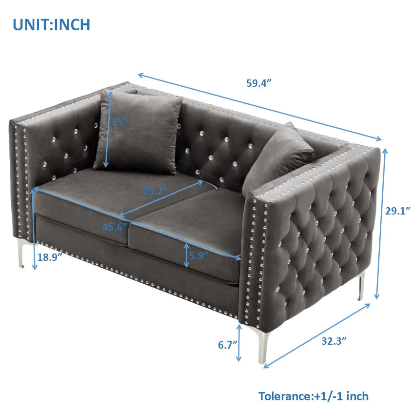 Tufted Velvet Loveseat with 2 Pillows Metal Legs Z61564