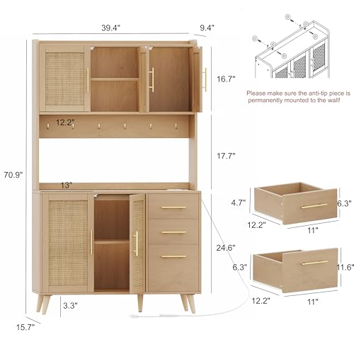 70.9" Rattan Kitchen Pantry Cabinet with Microwave Shelf H978878
