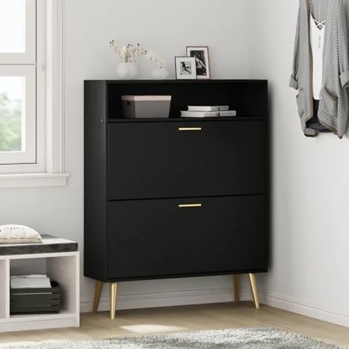 Black Narrow Shoe Cabinet with 2 Flip Drawers U603501