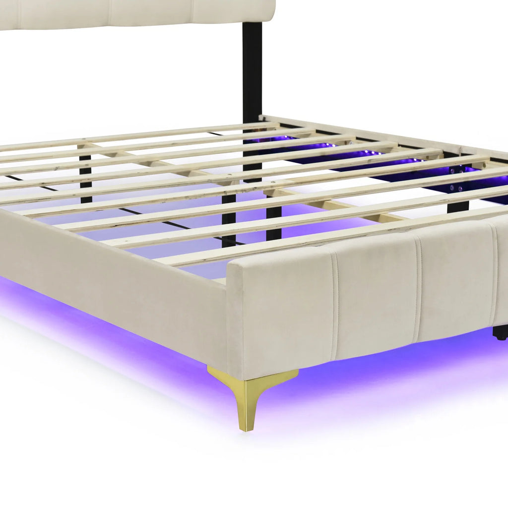 Queen Size Beige Velvet Upholstered Platform Bed with LED D97860