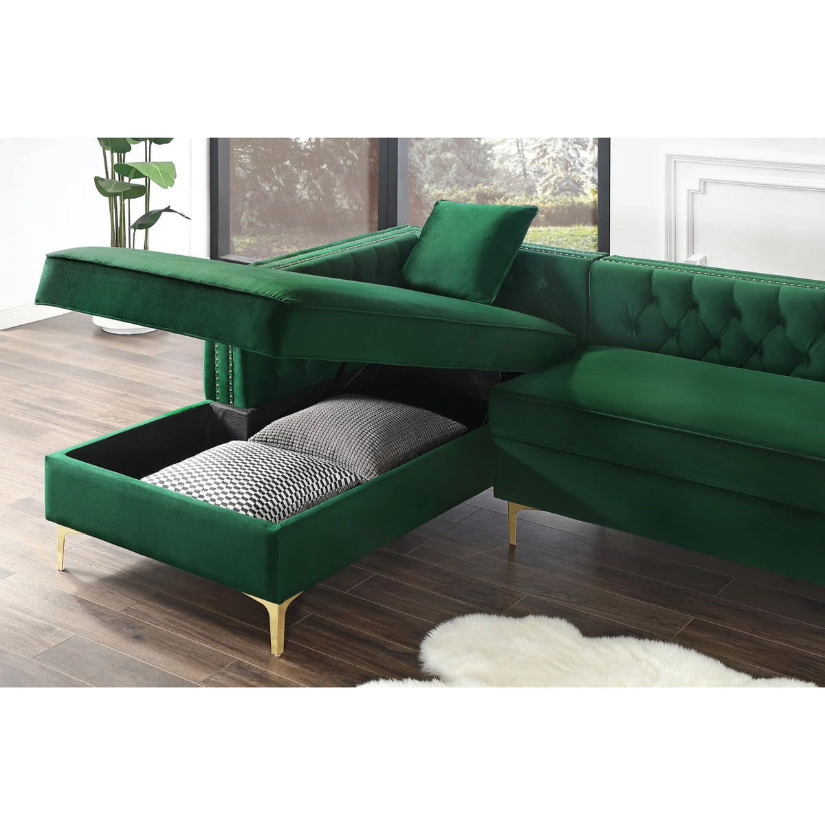 Hunter Green Velvet Chaise Sectional Sofa with Gold Nailhead Trim F8367