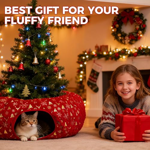 Christmas Cat Tunnel with Bowtie, Washable Circle Cushion and Plush Ball Toy, Red H416