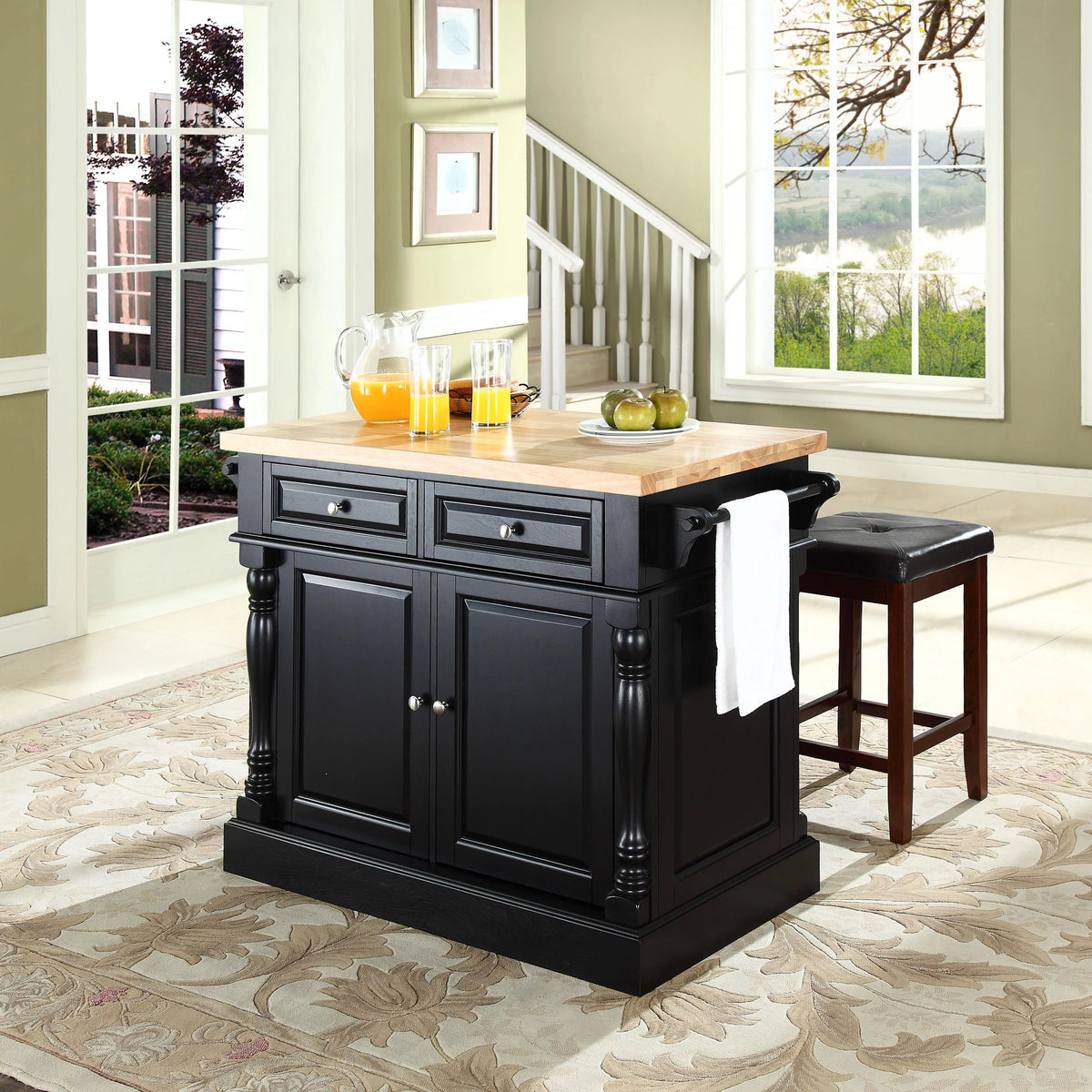 Wood Kitchen Island with Square Stools in Black G362