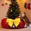 Christmas Cat Tunnel with Bowtie, Washable Circle Cushion and Plush Ball Toy, Red H416