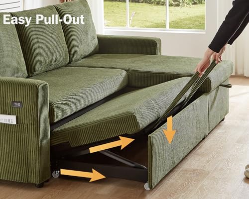 Corduroy Green L Shaped Sleeper Sofa with Pull Out Bed L836400