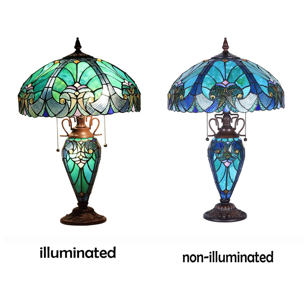 Tiffany Table Lamp 16" Wide Handmade Stained Glass Lamp Shade 3 Light Sea Green V4005