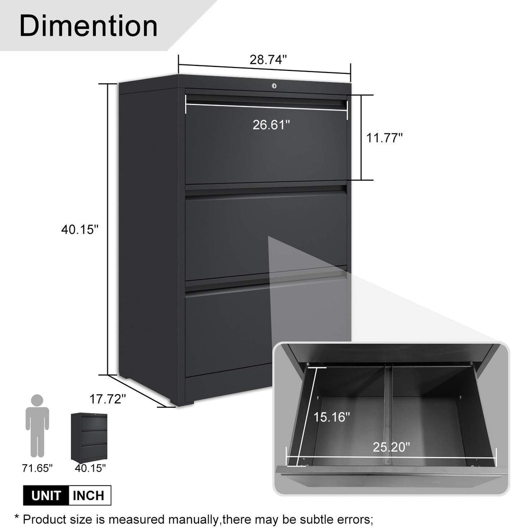 Black 3 Drawer Metal Lateral Filing Cabinet V656