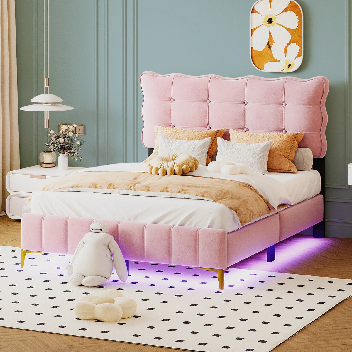 Queen Size Beige Velvet Upholstered Platform Bed with LED D97860