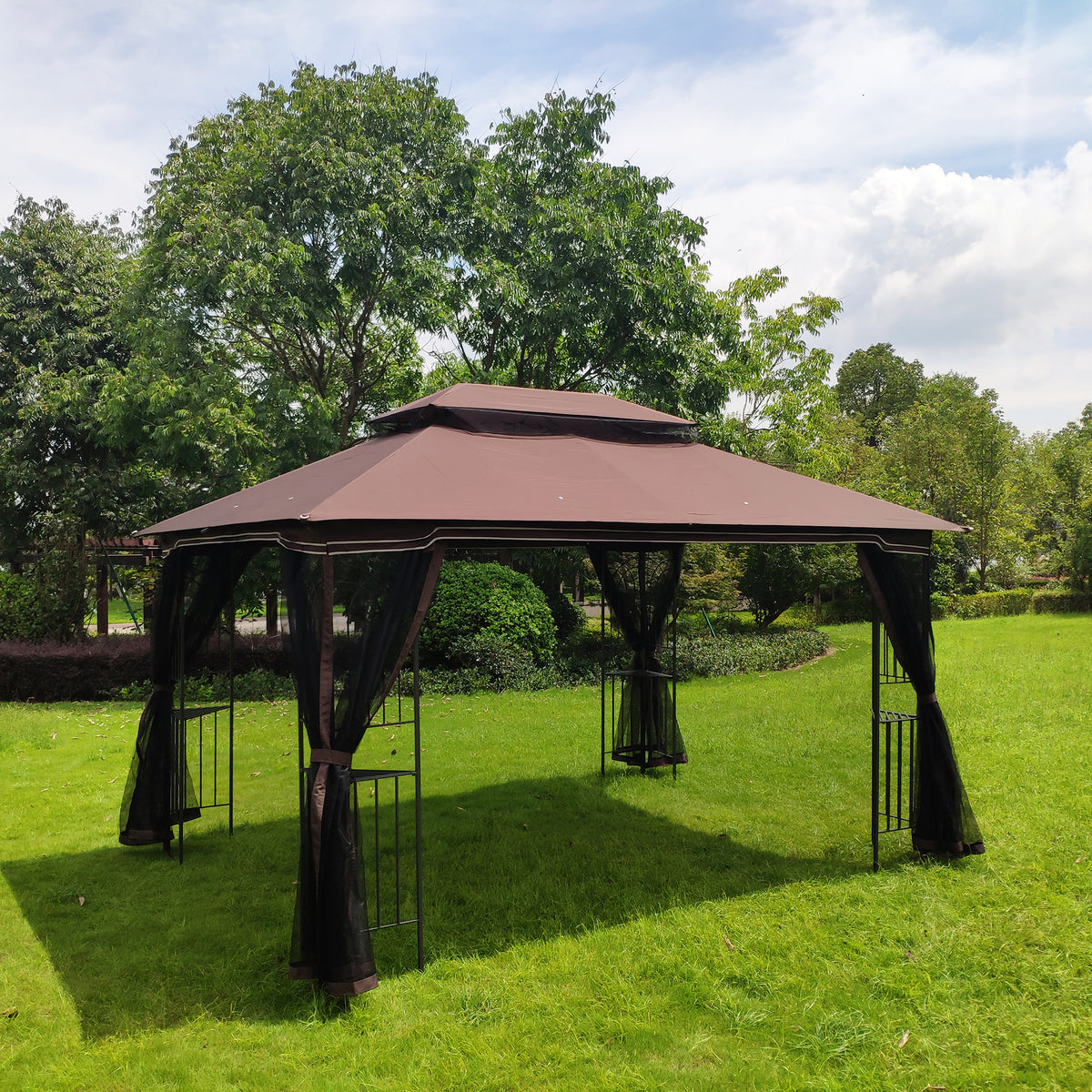 Brown Top Outdoor Patio Gazebo Canopy Tent With Ventilated Double Roof And Mosquito Net Q46582