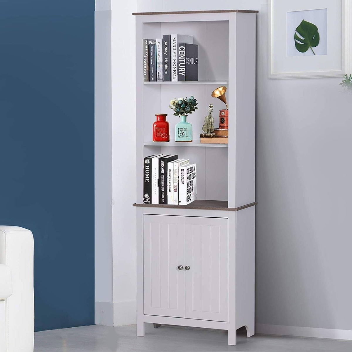White Wood Free Standing Bathroom Linen Tower Storage Cabinet E23095