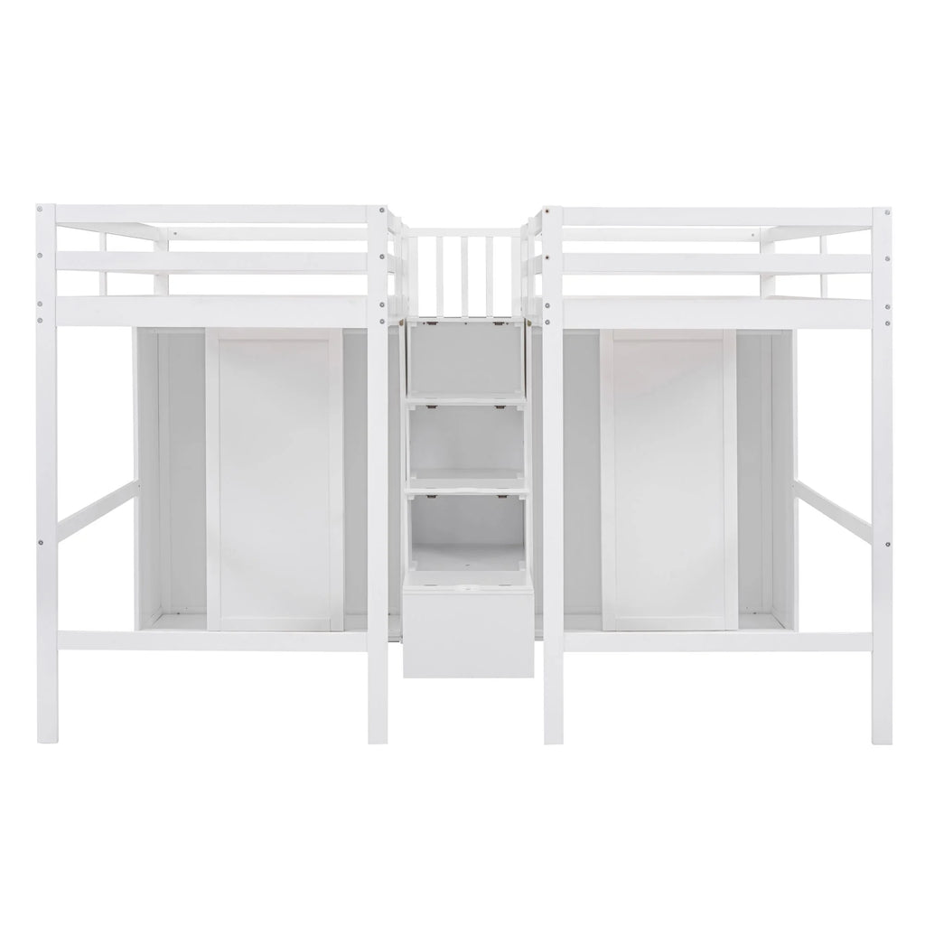 Solid Wood Double Twin Loft Bed with Wardrobes and Staircase G40517