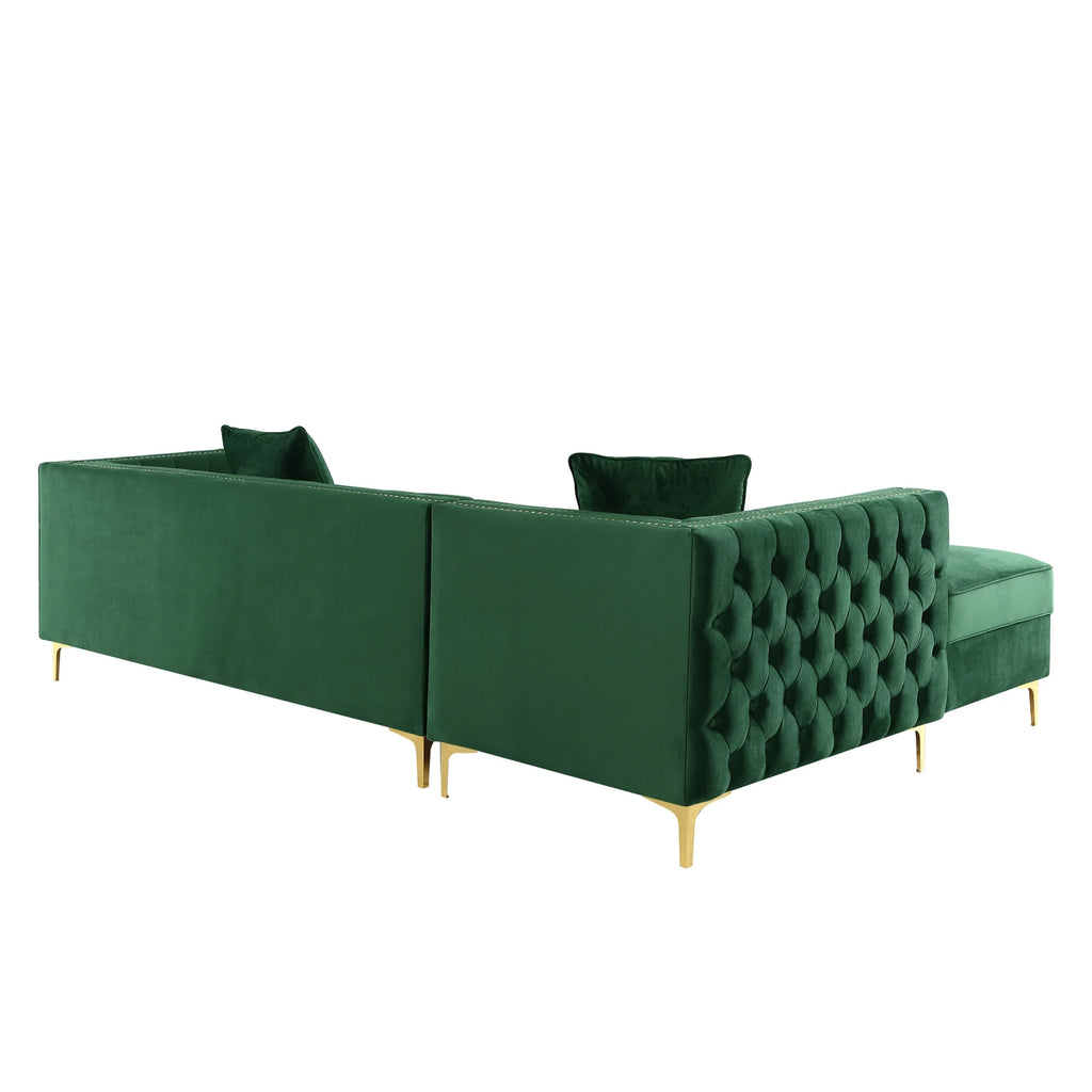Hunter Green Velvet Chaise Sectional Sofa with Gold Nailhead Trim F8367