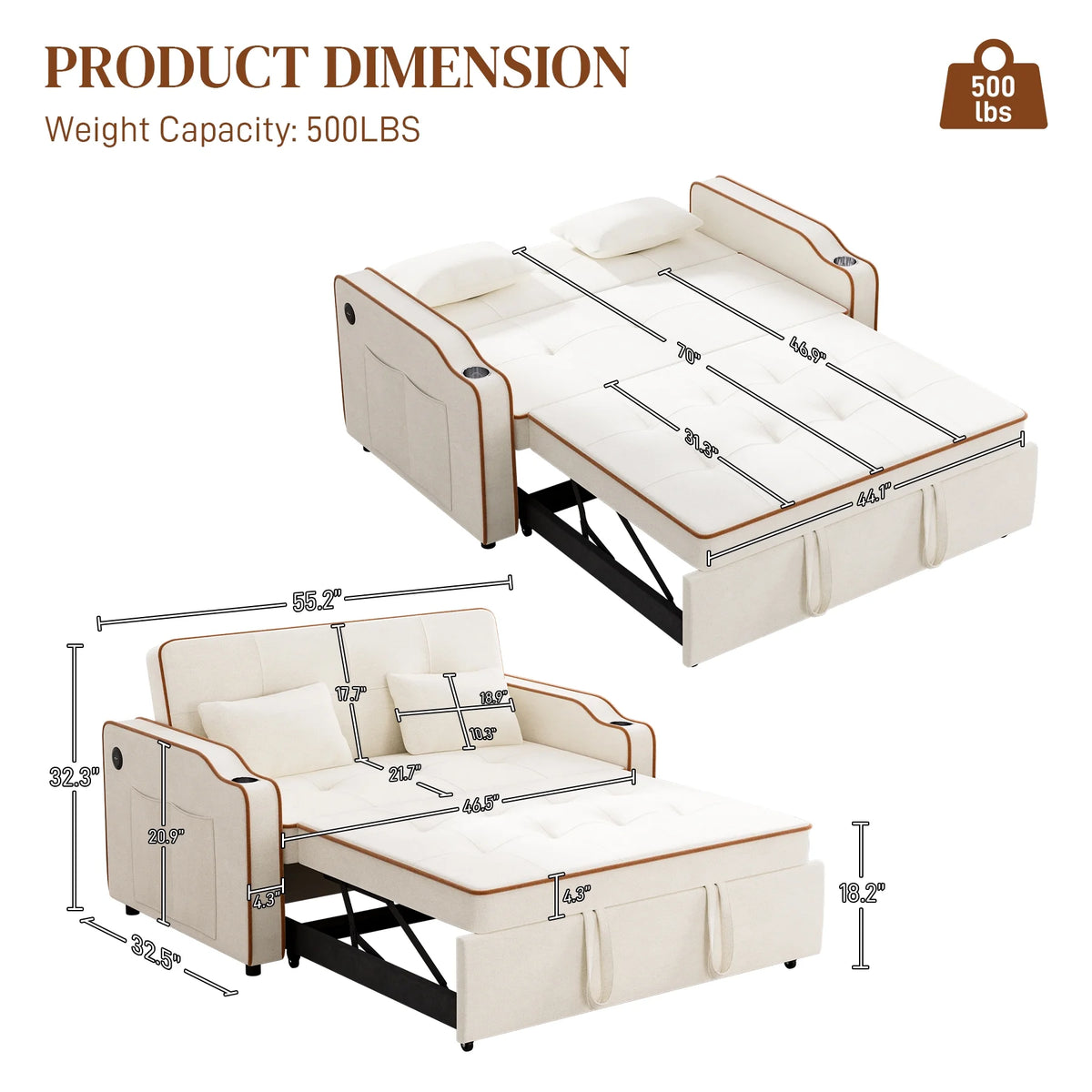 3 in 1 Convertible Sleeper Sofa Couch with Pullout Bed A793465