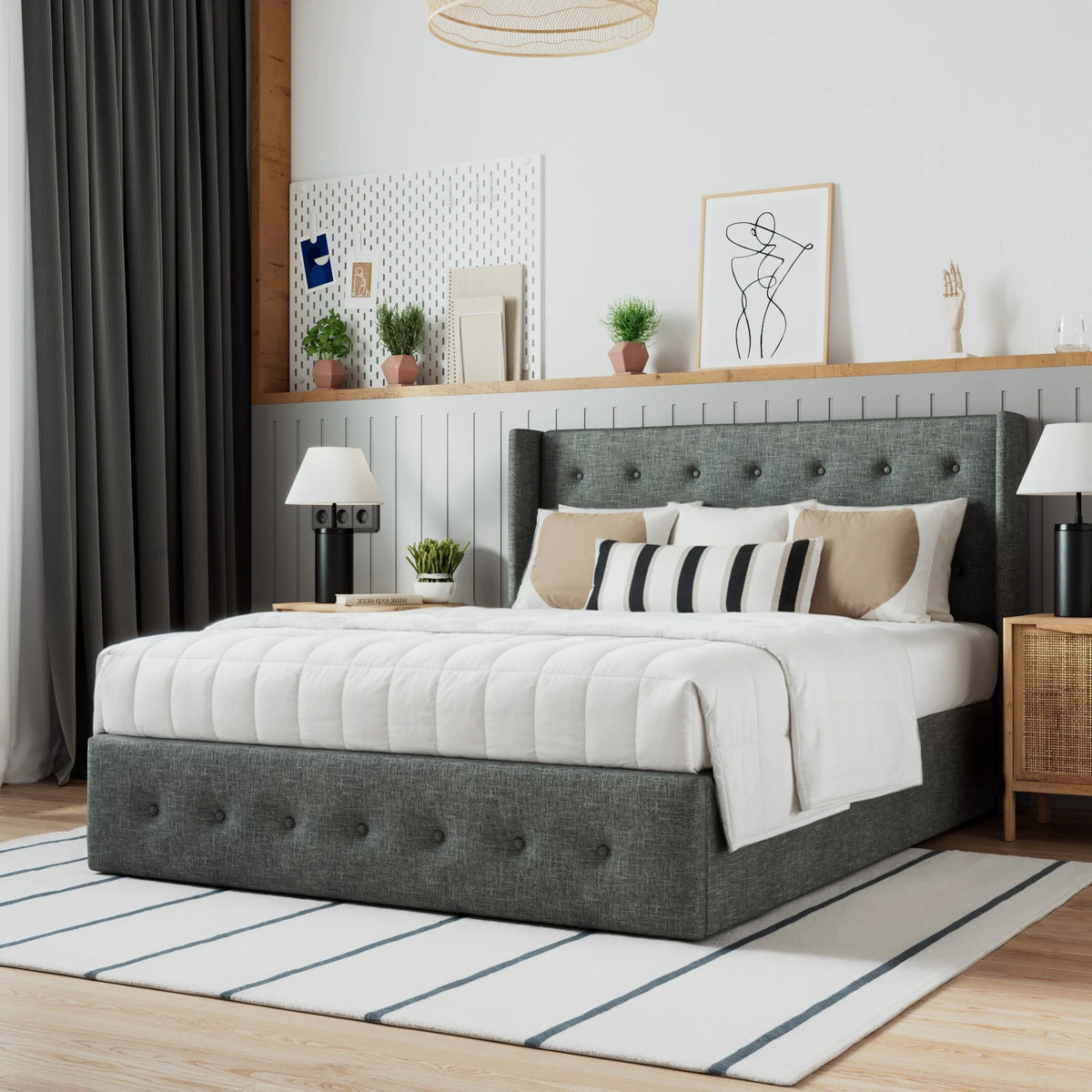 Beige Queen Size Lift Up Platform Bed Frame with Headboard M408145