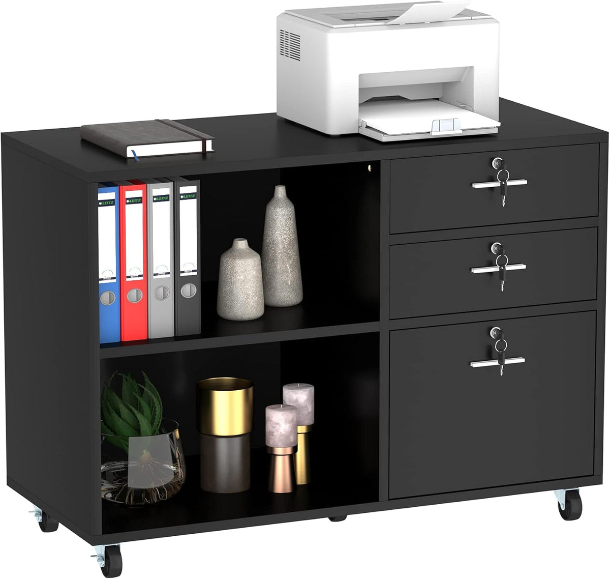 Wood 3 Drawer Mobile File Cabinet with 2 Open Shelves D1564