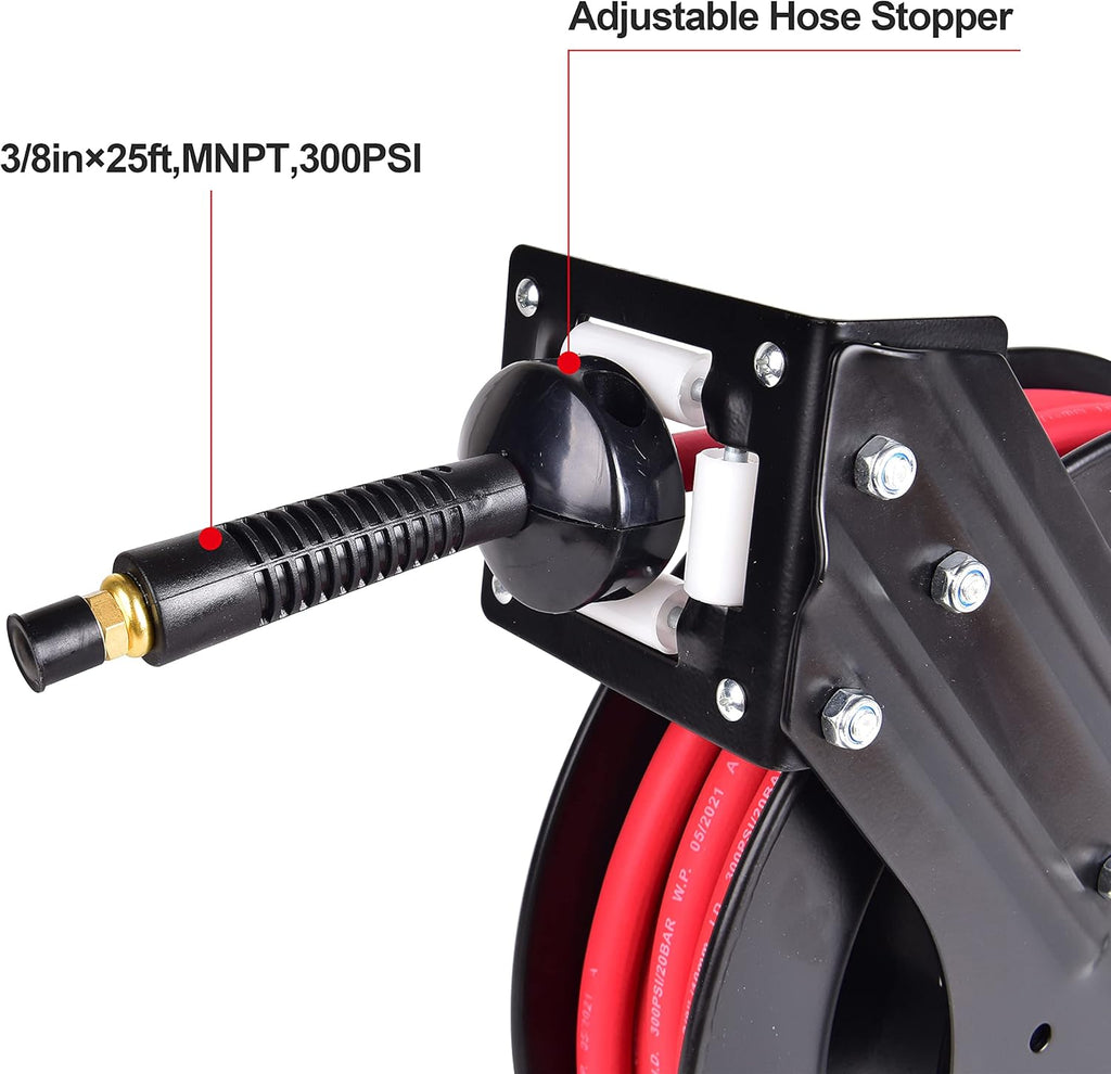 3/8 in x 25 ft Retractable Air Hose Reel, Wall Mount, 300 PSI, Pack of 2 T125502