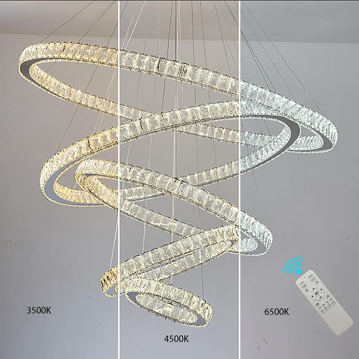 Modern K9 Crystal Chandelier LED Dimmer 3 Ring Ceiling Pendant Light N269