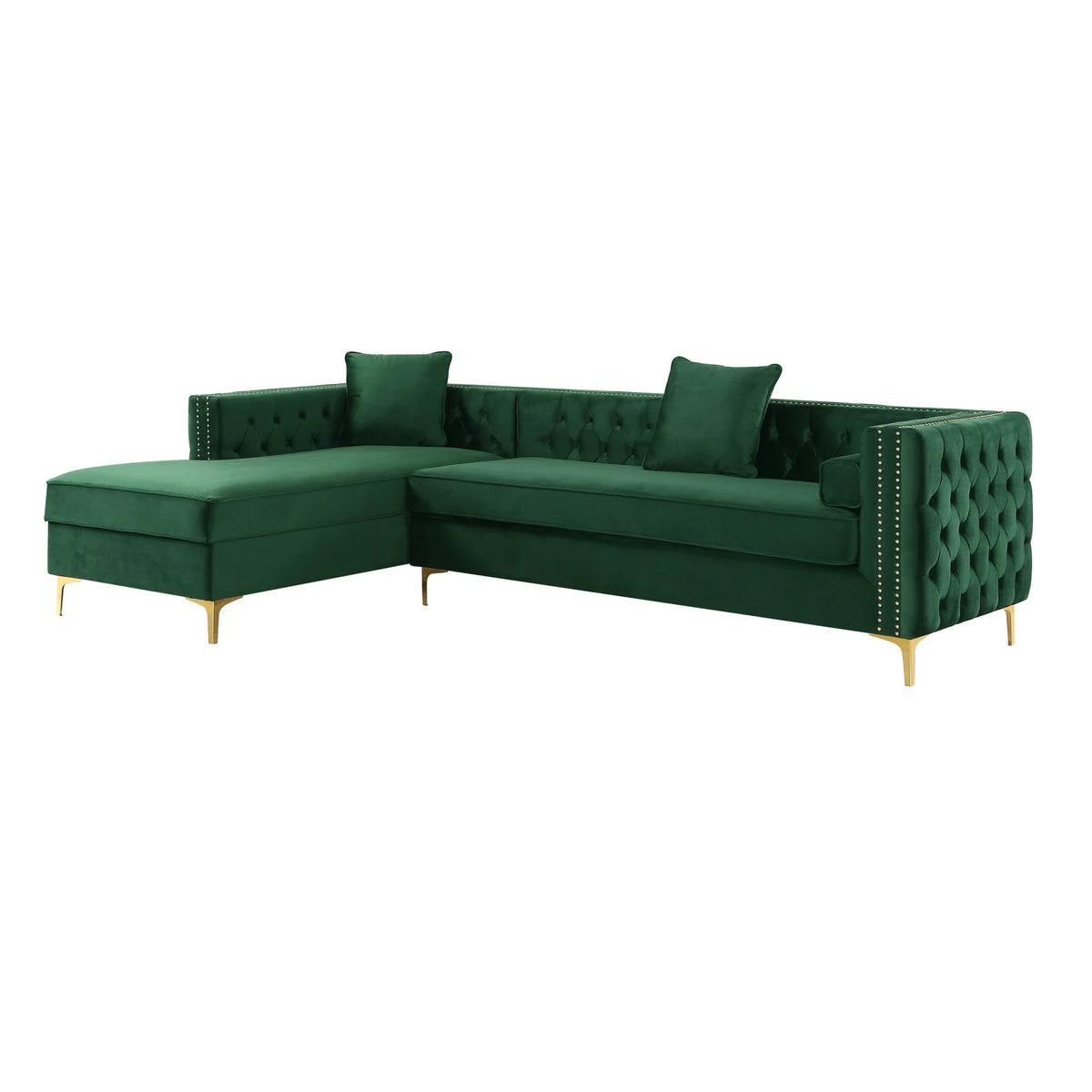 Hunter Green Velvet Chaise Sectional Sofa with Gold Nailhead Trim F8367