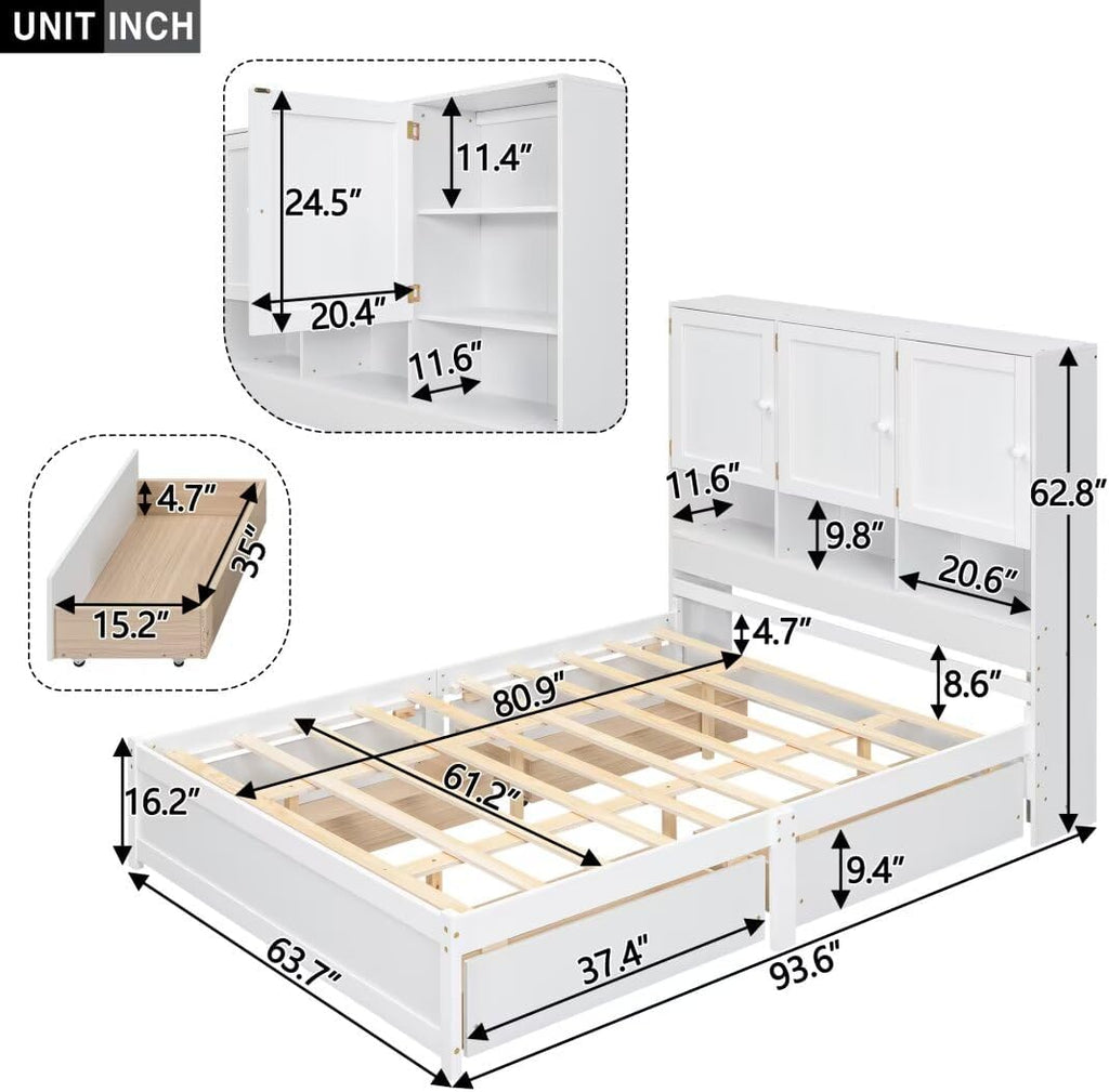 Queen Size Platform Bed with 4 Storage Drawers & Bookcase Headboard, White Q3501