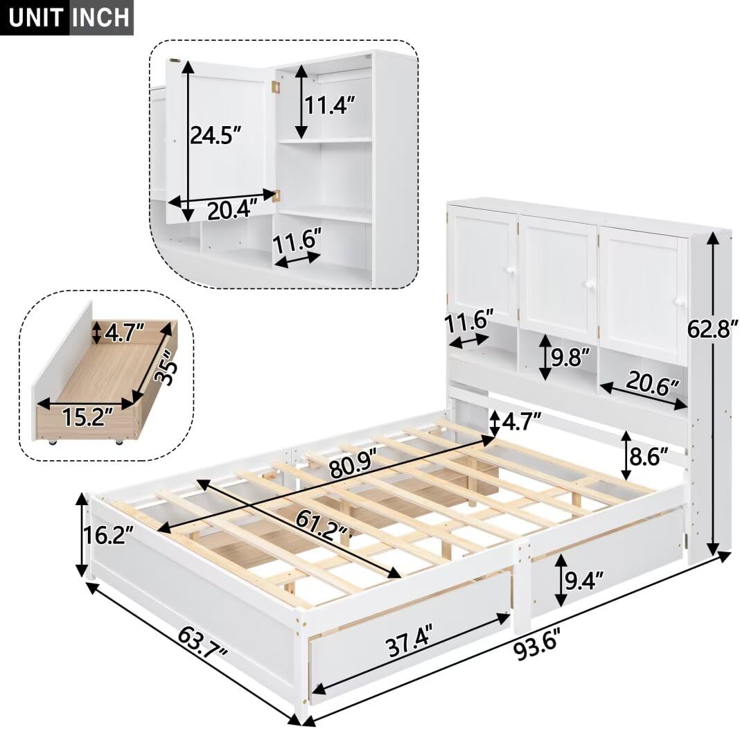Queen Size Platform Bed with 4 Storage Drawers & Bookcase Headboard, White Q3501