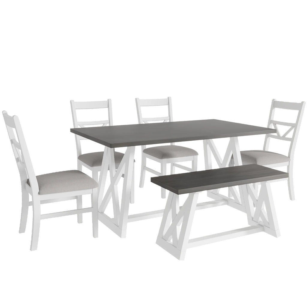 6-Piece Solid Wood Dining Table Set with 4 Upholstered Chairs & 1 Bench R382843