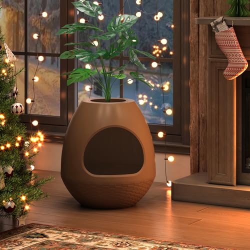 Grey Extra Large Hidden Litter Box Enclosure with Artificial Plants Q58222