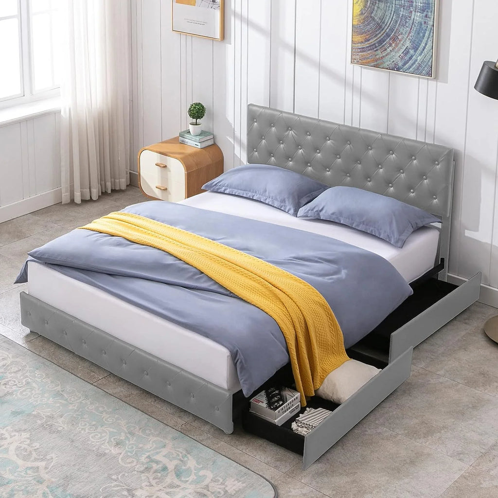 Upholstered California King Platform Bed Frame with 4 Storage Drawers N2627