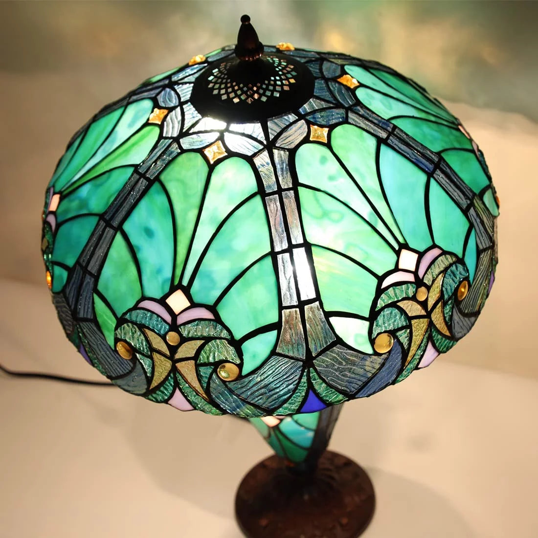 Tiffany Table Lamp 16" Wide Handmade Stained Glass Lamp Shade 3 Light Sea Green V4005