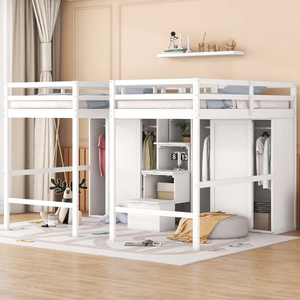 Solid Wood Double Twin Loft Bed with Wardrobes and Staircase G40517