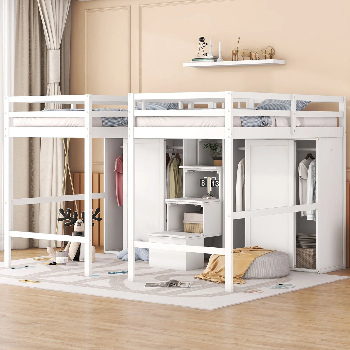Solid Wood Double Twin Loft Bed with Wardrobes and Staircase G40517