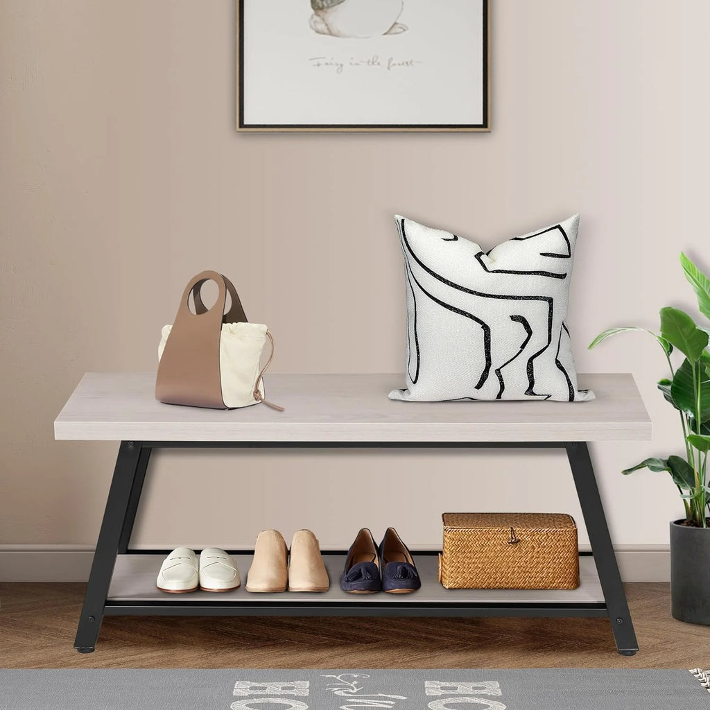 Light Grey and Black Wood Metal Bench I6070
