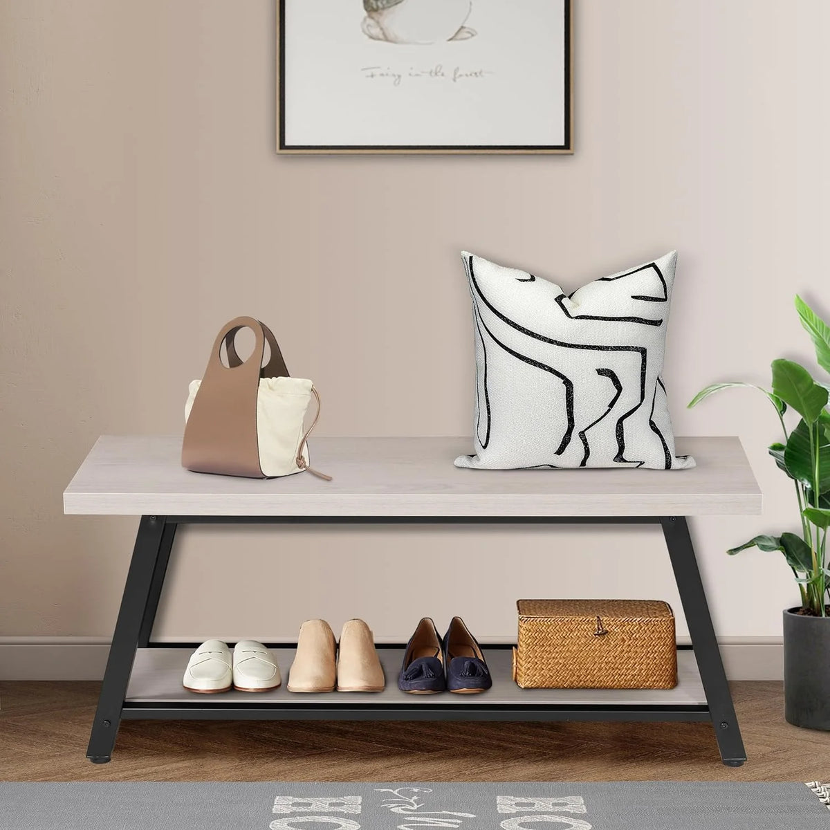 Light Grey and Black Wood Metal Bench I6070