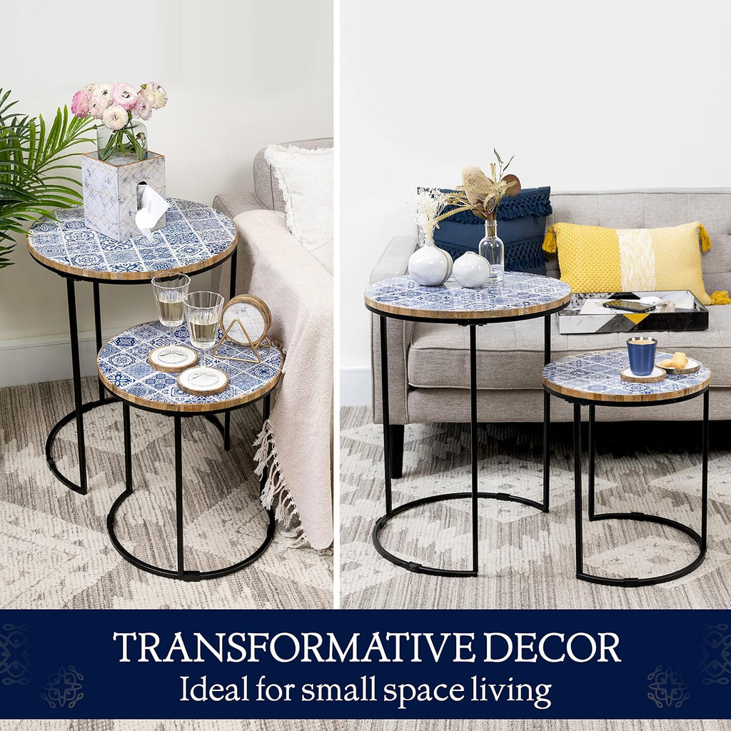 Set of 2 Blue and White Wooden Top Metal Frame Side Tables N9092