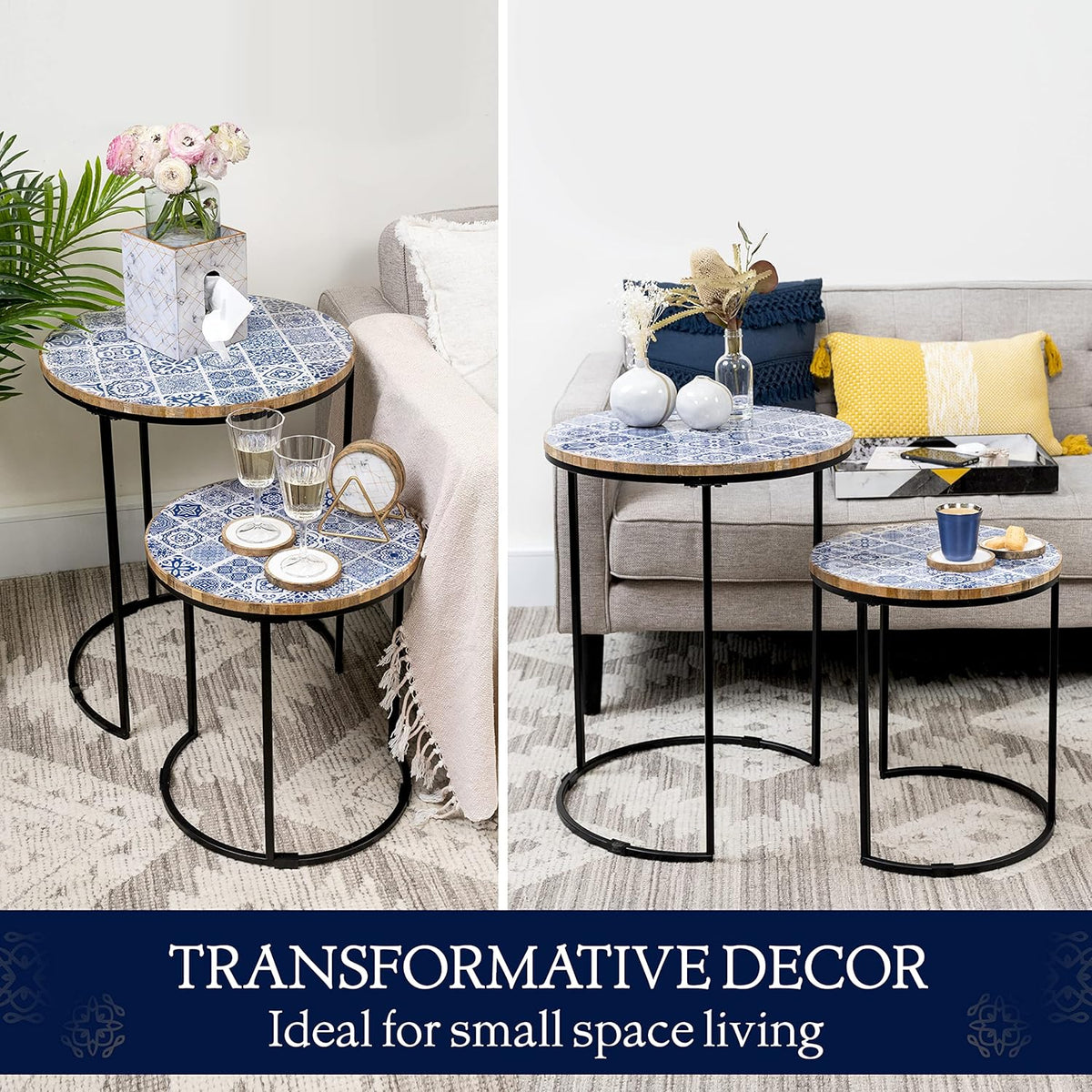 Set of 2 Blue and White Wooden Top Metal Frame Side Tables N9092