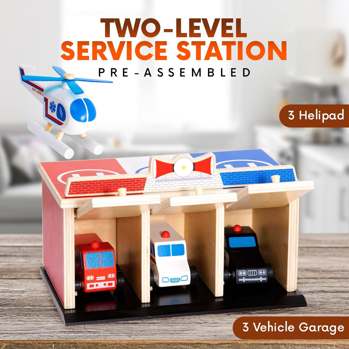 2-Level 3-Bay Parking Garage Toy Set with Fire Truck, Ambulance, Police Car, and 3 Rescue Helicopters P44319