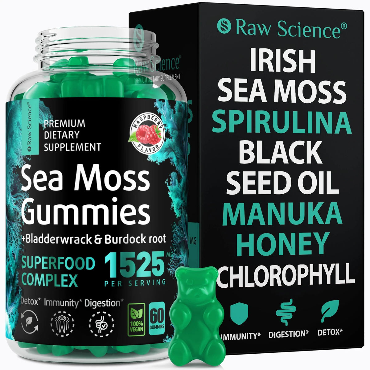 Sea Moss Gummies with Black Seed Oil, Manuka Honey, Fenugreek, Chlorophyll, Burdock Root, Bladderwrack - 60 Gummies M92499