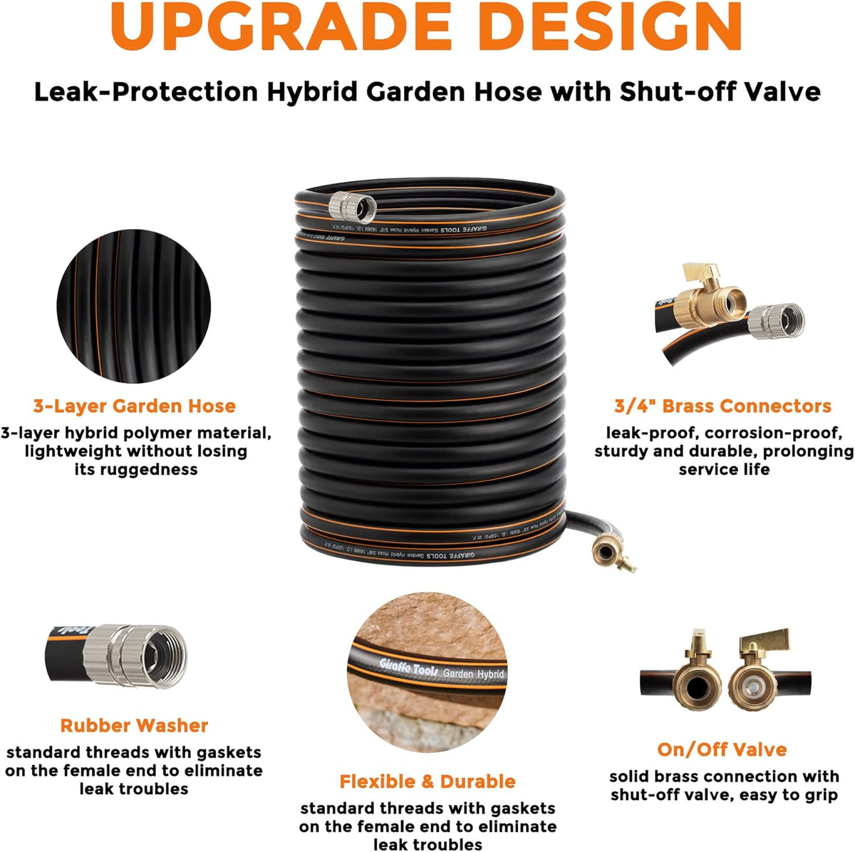 Hybrid Garden Hose 50 ft x 5/8", Heavy Duty Rubber Water Hose, 3/4" Brass Connector with Shut off Valve, Pack of 2 R787073