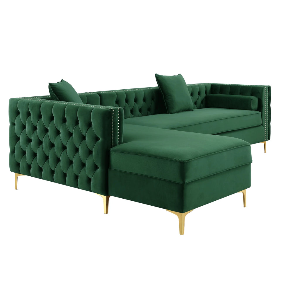 Hunter Green Velvet Chaise Sectional Sofa with Gold Nailhead Trim F8367