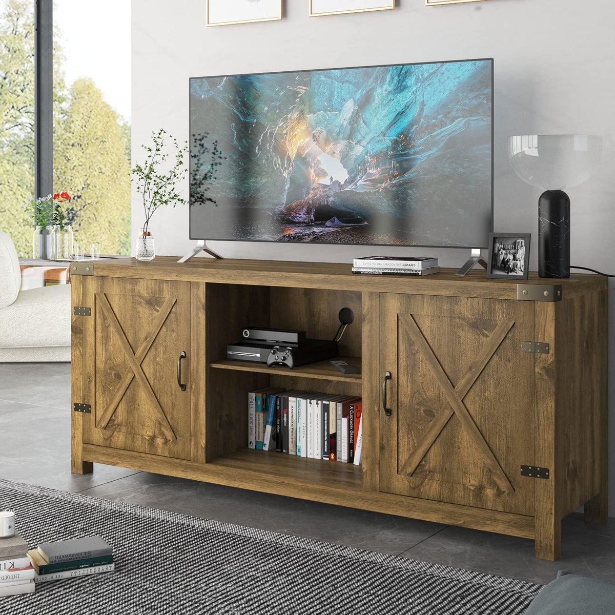 58 Farmhouse TV Stand with Storage Cabinet, 3-Tier Adjustable Shelves, Rustic Oak B25046