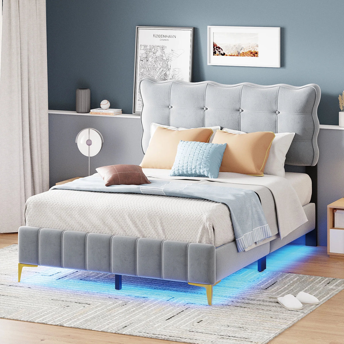 Queen Size Beige Velvet Upholstered Platform Bed with LED D97860