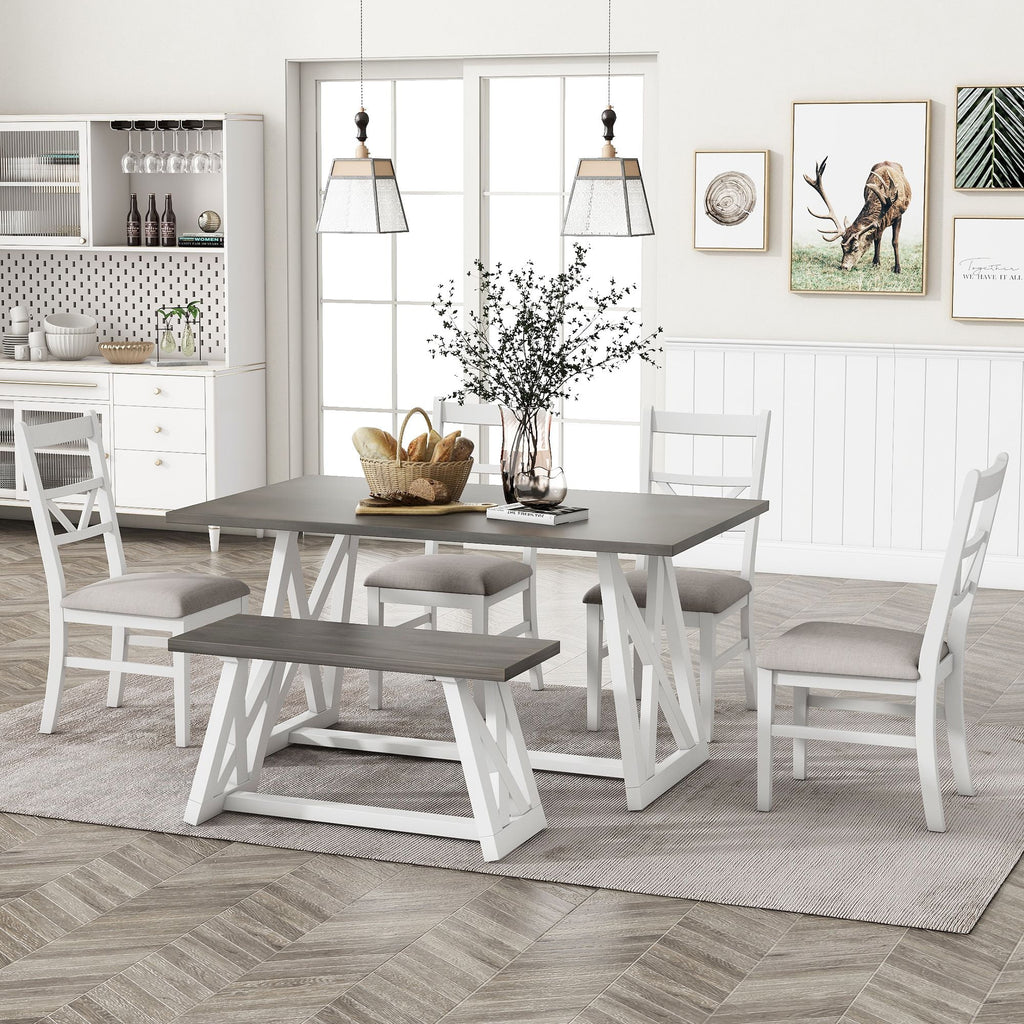 6-Piece Solid Wood Dining Table Set with 4 Upholstered Chairs & 1 Bench R382843