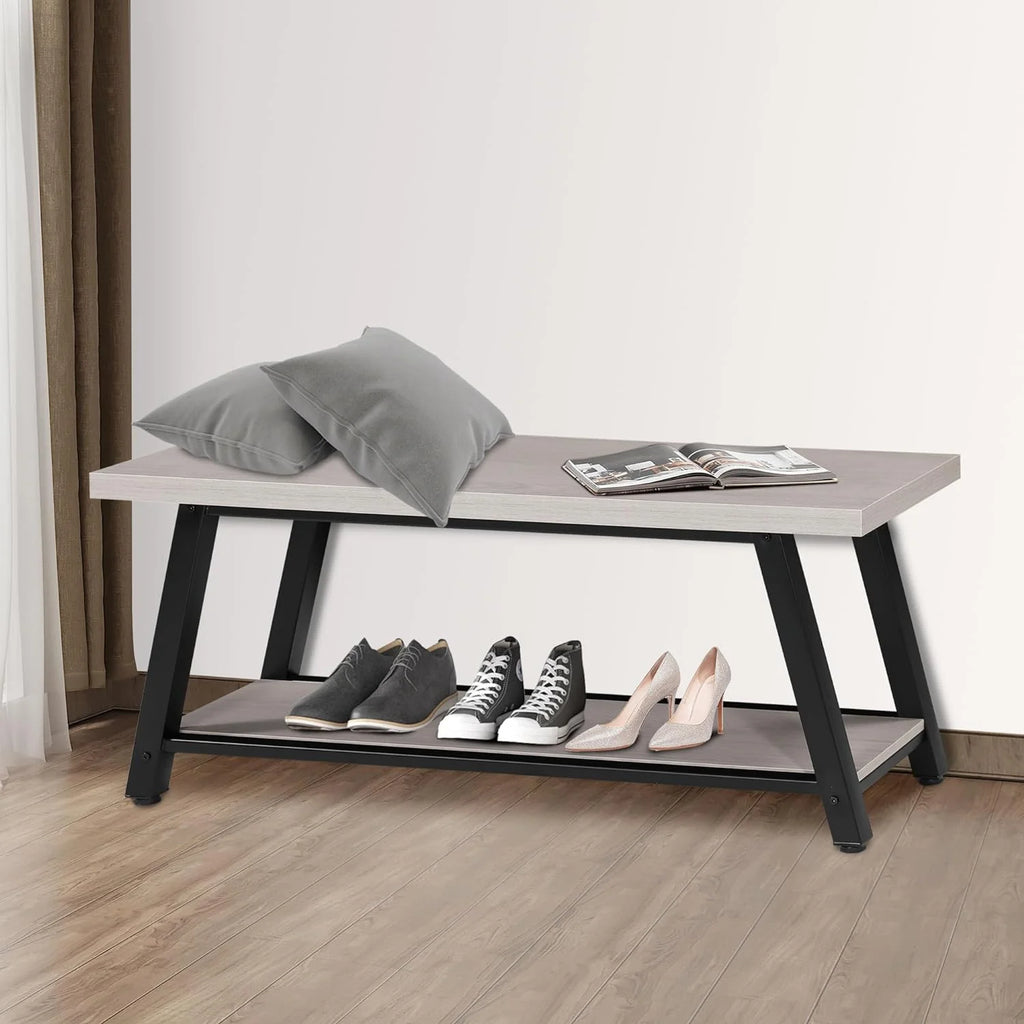 Light Grey and Black Wood Metal Bench I6070