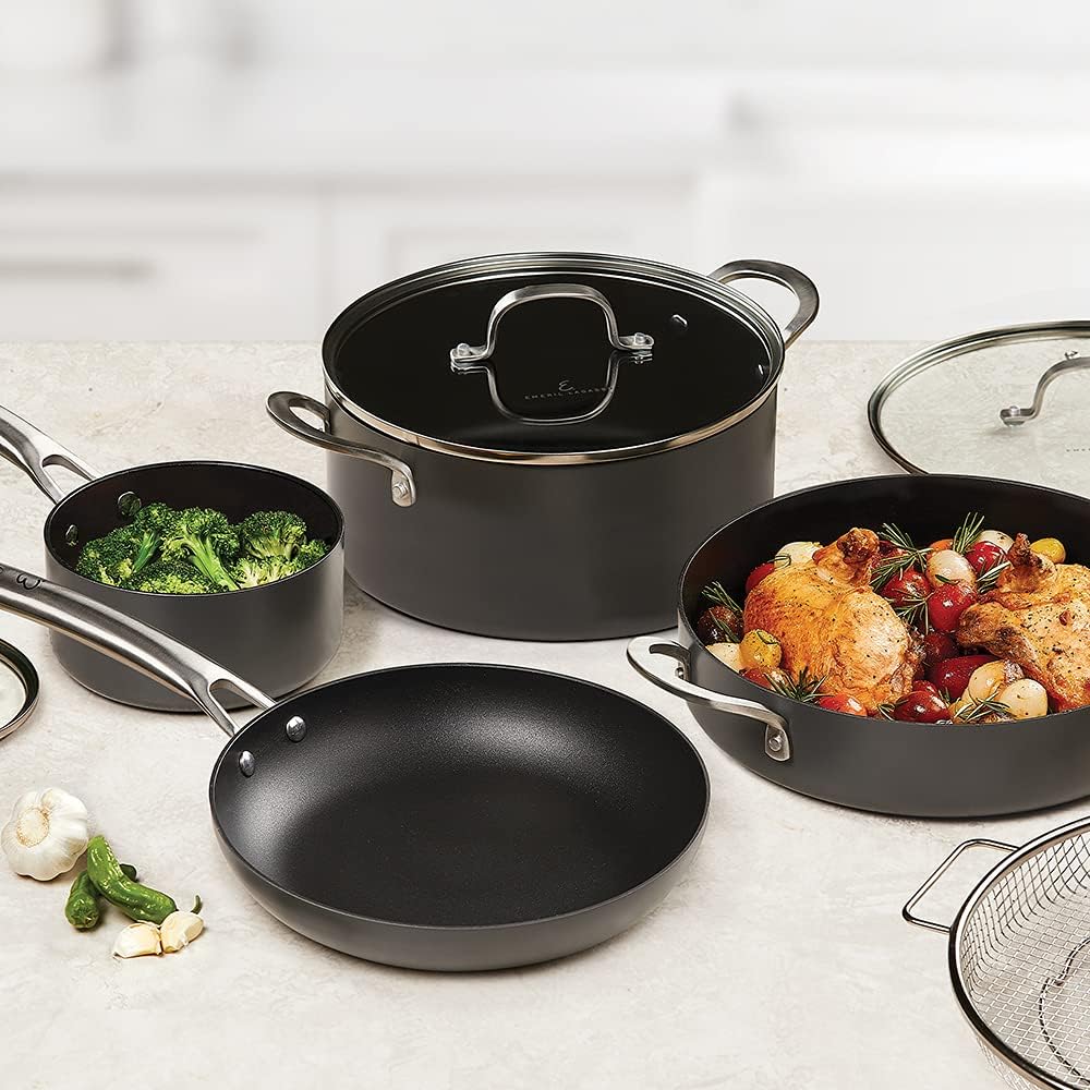 13 Piece Hard-Anodized Nonstick Black Pots and Pans Set I452